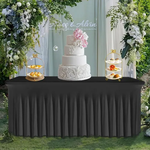 Miniatura 2 de Falda de mesa negra, de elastano, sin arrugas, 6 pies, mantel elástico ajustable lavable para mesas rectangulares para bodas, banquetes, fiestas