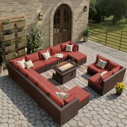 Miniatura 45 de BULEXYARD Juego de muebles de patio de respaldo alto de 7 piezas con mesa de fogata de combustible dual propano/gas natural, sofá seccional