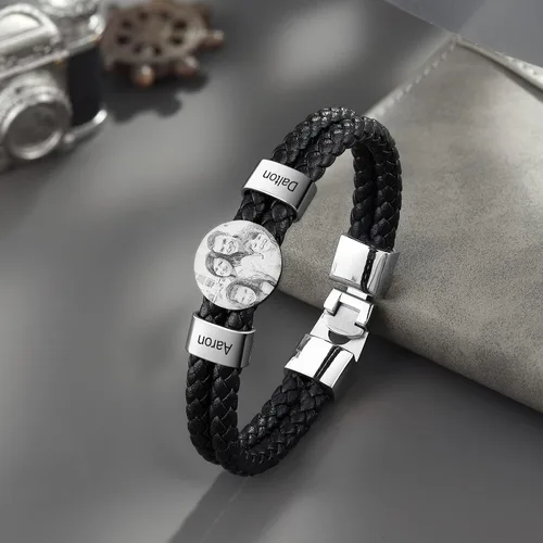 Miniatura 4 de Pulsera de cuero personalizada para hombre, grabada con nombre, imagen, foto, cuerda trenzada para papá, marido, abuelo, novio