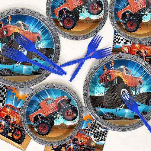 Miniatura 5 de Tevxj Juego de vajilla de cumpleaños de camión de 96 piezas, vajilla desechable de coche de carreras, platos de fiesta temática de camión