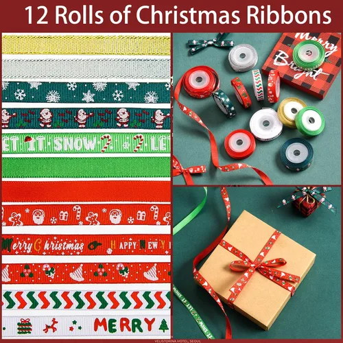 Miniatura 2 de SANNIX 12 rollos de cinta de Navidad de 60 yardas para envoltura de regalos, cinta de envoltura de Navidad de 3/8 pulgadas con estampado de copos