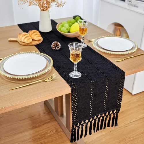 Miniatura 5 de FEXIA Camino de Mesa Negro con Borlas de 72 Pulgadas Macramé Boho Estilo Granja Camino de Mesa para Decoración de Dormitorio y Comedor