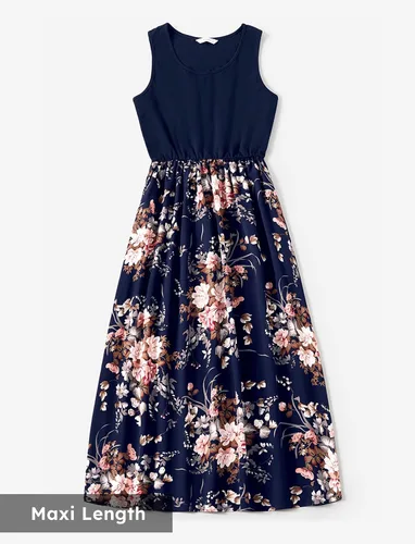 Miniatura 3 de PATPAT Conjuntos familiares a juego para mamá y yo, vestidos tropicales bohemios florales sin mangas, vestidos largos y camisetas a juego, Azul