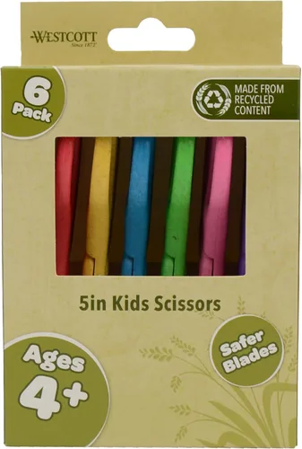 Westcott KleenEarth Tijeras de 5 pulgadas, paquete de 6, para niños a partir de 4 años, tijeras recicladas ecológicas para proyectos escolares y