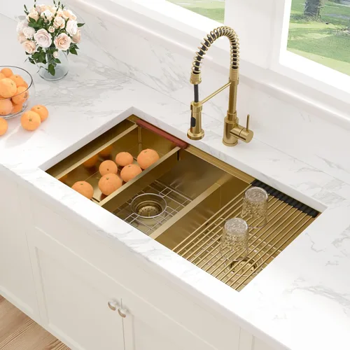 Miniatura 3 de Sarlai Fregadero de Cocina Dorado Bajo Encimera de 33 Pulgadas Doble Tazón 33 x 19 Pulgadas Bajo Dividido Dorado Estación de Trabajo Fregadero Doble