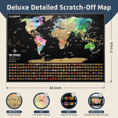 Miniatura 2 de Landmass Póster de mapa del mundo para rascar, mapa de Estados Unidos de bonificación incluido, rastrea tus viajes con banderas, mapa detallado