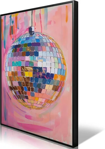 Miniatura 13 de Arte de Pared en Lienzo de Bola de Discoteca Rosa Suave de Moda, Póster con Textura de Bola de Espejo Plateada Funky para Chica, Impresión