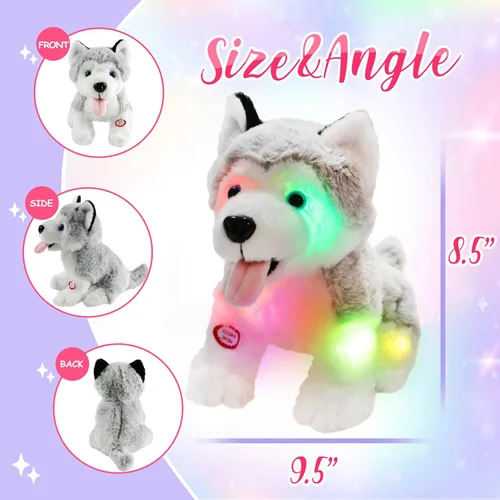 Miniatura 3 de Perro husky de peluche con luces LED suave y brillante, juguete de cachorro con luces nocturnas mágicas para el día de los niños, cumpleaños