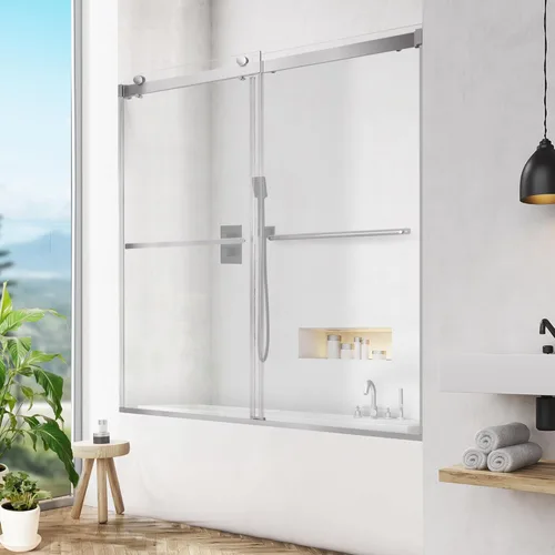 Puerta corrediza de cristal para bañera, 56-60 pulgadas de ancho x 58 pulgadas de alto, sin marco, para baño, vidrio templado transparente de 5/16