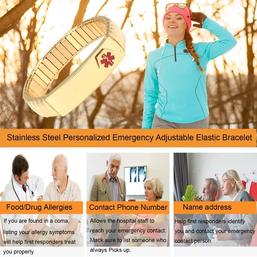 Miniatura 2 de Pulsera de alerta médica para hombres y mujeres, pulsera de identificación médica ajustable ajustable de acero inoxidable para diabetes, alergias