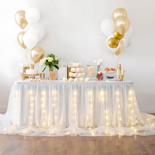 Miniatura 8 de Falda de mesa de tul con volantes,tutú de mesa LED, rosa, blanco, azul o gris. Falda para mesas rectangulares, para baby shower, boda o decoración