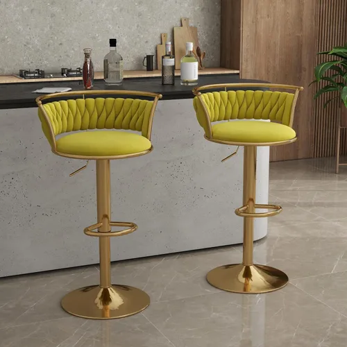 Miniatura 33 de Juego de 2 taburetes de bar giratorios de 360°, silla de bar de terciopelo ajustable a altura de mostrador moderna, taburete de metal plateado