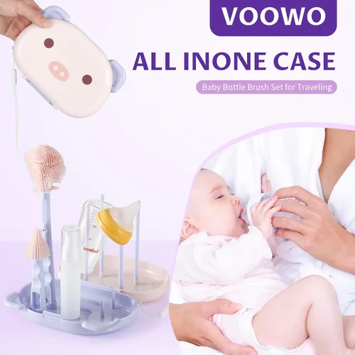 Miniatura 5 de VOOWO Cepillo para biberones y estante de secado, kit de viaje portátil, juego de biberones y cepillo de pezón, limpiador de paja (morado)