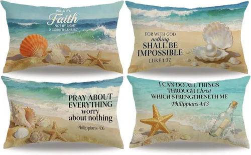 Miniatura 9 de Juego de 4 fundas de almohada de playa de verano con estrellas de mar y océano azul, rectangular, fundas de cojín de cintura con temática náutica