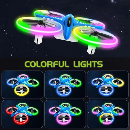 Miniatura 2 de Dwi Dowellin Mini Dron de 4.9 Pulgadas para Niños Luces LED Nocturnas Despegue Aterrizaje y Volteretas con Una Tecla RC Control Remoto Pequeños Azul