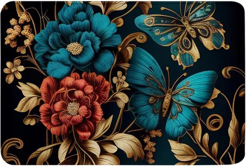 OOZ Alfombrillas de baño antideslizantes y absorbentes, cómodas alfombras de baño de franela para cama, hermosas flores doradas y mariposas,