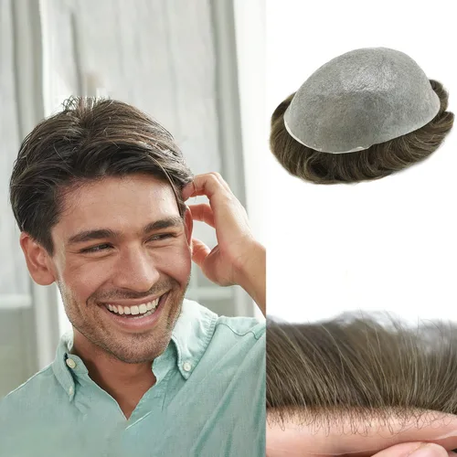 Miniatura 27 de Mens Toupee Remy, sistemas de reemplazo de cabello humano 0.002 in, tupé de piel fina para hombres, todos los trazos en V para hombres, protesis