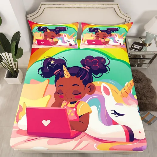 Miniatura 18 de Erosebridal Lindas sábanas negras para niñas, sábana bajera ajustable de niña africana americana, tamaño individual, sábanas psicodélicas moradas