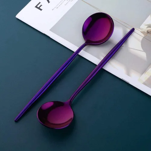 Miniatura 3 de MINGYU Modern - Juego de 8 cucharas de sopa redondas pesadas con mango largo, cuchara de titanio de acero inoxidable de 8.3 pulgadas, cucharas
