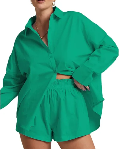 Miniatura 2 de Conjunto casual de 2 piezas para mujer blusa con botones y pantalones cortos de cintura alta conjunto de overoles