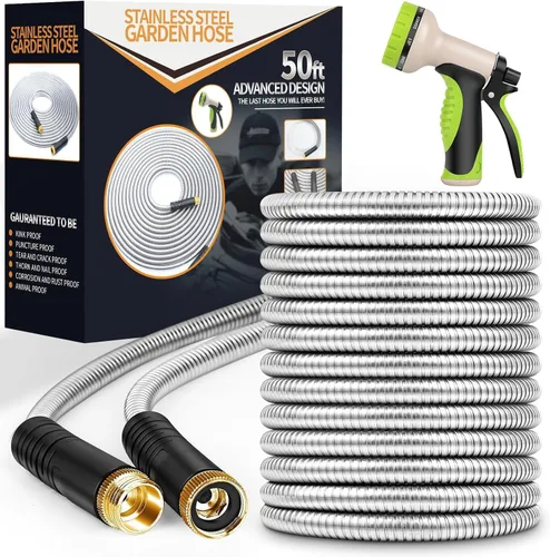 Miniatura 11 de Unywarse Manguera de jardín de 100 pies, manguera de agua resistente de acero inoxidable con boquilla de 10 funciones, flexible, ligera, sin