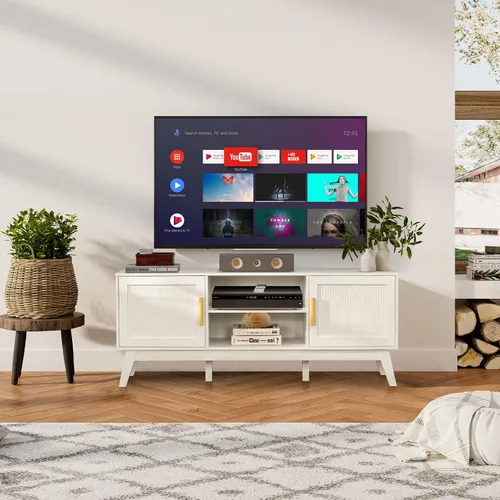 Miniatura 4 de Tangkula Soporte de TV de ratán para televisores de hasta 65 pulgadas, mesa consola de TV multimedia con estante ajustable, gabinetes de 2 puertas