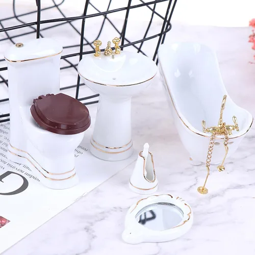 Miniatura 2 de 1:12 Juego de baño de porcelana en miniatura para casa de muñecas, 5 piezas, lavabo de cerámica blanca, espejo de bañera, muebles en miniatura