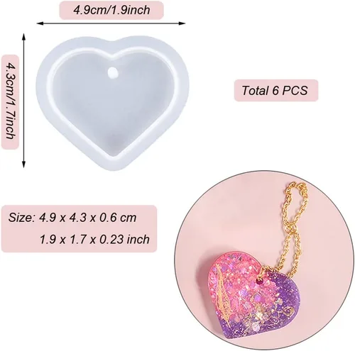 Miniatura 4 de Weenkeey 6 piezas de molde de resina en forma de corazón, dijes de silicona para joyería de bricolaje y manualidades, collar colgante de corazón
