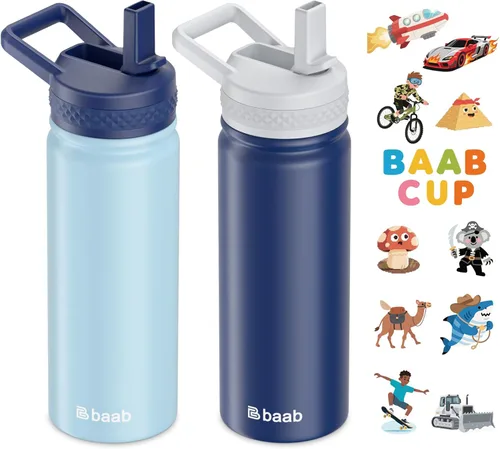 Miniatura 14 de baab Botella de agua para niños de 18 onzas, botella de agua aislada con popote y calcomanías, taza con popote de agua para niños de acero