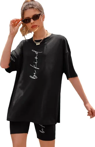 GORGLITTER Conjunto de 2 piezas para mujer con estampado de letras, manga media, cuello redondo, camiseta y pantalones cortos de motociclista