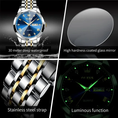 Miniatura 54 de OLEVS Juego de 2 relojes de cuarzo para parejas de San Valentín, calendario luminoso, ventana de fecha, 3 ATM, impermeable, casual, acero