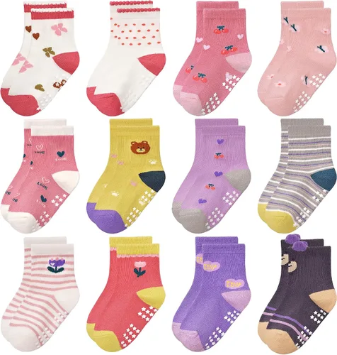 Miniatura 13 de Calcetines antideslizantes para niños pequeños con agarre, 12 pares de calcetines antideslizantes de dibujos animados para niños y niñas