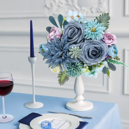 Miniatura 3 de AmyHomie - Juego de flores artificiales azules, mezcla de seda, peonía, rosa, hortensia, flores falsas con tallo para bricolaje, ramos de boda