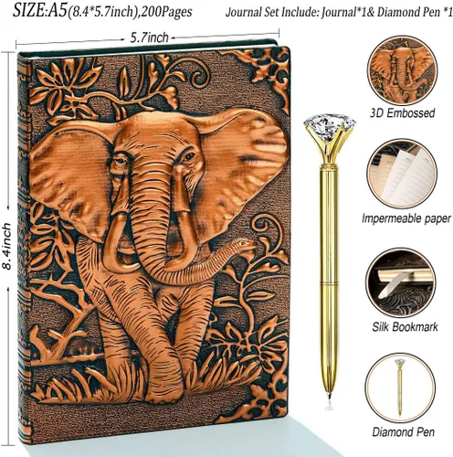 Miniatura 2 de Diario de elefante, cuaderno de escritura de cuero, diario rayado A5, 200 páginas, diario personal antiguo hecho a mano en relieve, cuaderno
