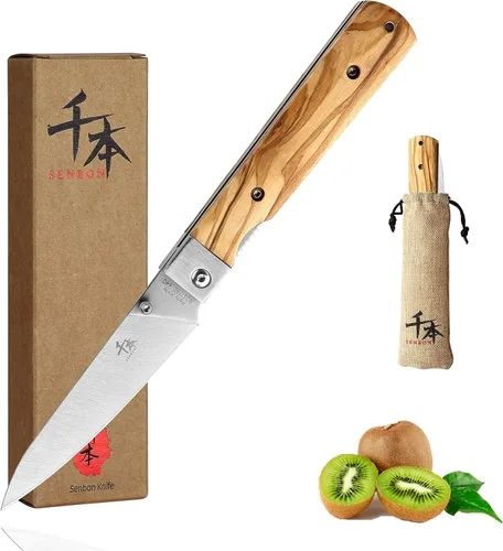 Miniatura 10 de SENBON Cuchillo de bolsillo plegable de acero inoxidable 440A con sierra para pan japonés, mango natural de oliva, para camping al aire libre