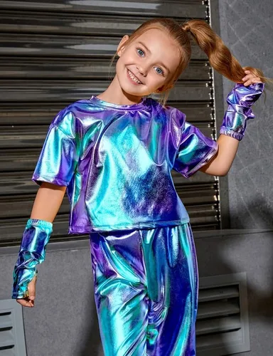 Miniatura 2 de Perfashion Camisas metálicas para niñas con mangas de brazo, top corto brillante para baile, raves, festivales, disfraces de 4 a 15 años