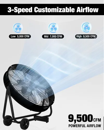 Miniatura 5 de Ventilador de tambor industrial de 24 pulgadas, 9,500 CFM de alta velocidad de 3 velocidades circulador de aire de metal resistente con mango