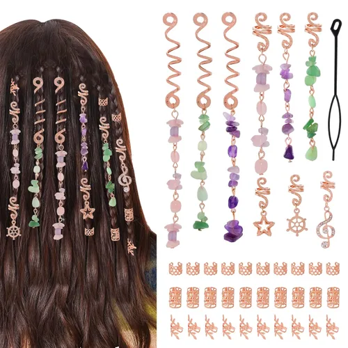 Miniatura 9 de hoyuwak - 40 accesorios para el cabello con piedra de cristal de color natural, dijes metálicos para el cabello, espirales de rastas plateadas