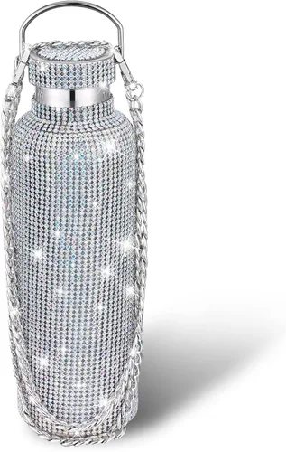 Miniatura 32 de Geiserailie Botella de agua con diamantes de imitación de acero inoxidable, térmica, recargable, aislada, con cadena, para mujeres y niñas