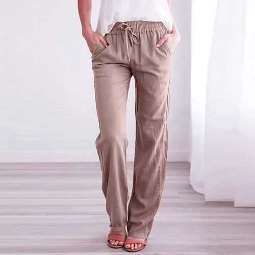 Miniatura 7 de PANOEGSN Pantalones de lino para mujer, de cintura alta, de algodón, rectos, con cordón, casuales, holgados, con bolsillos