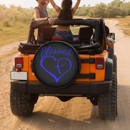 Miniatura 4 de Blessed Heart with Cross Blue Spare Tire Cover Dust-Proof Wheel Tire Cover Fit Trailer, RV, SUV and Many Vehicle 14 Inch