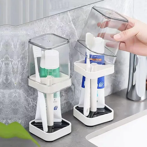 Miniatura 2 de El soporte para cepillos de dientes con taza/cubierta contiene 3 ranuras, compatible con cepillos de dientes convencionales, puede almacenar pasta