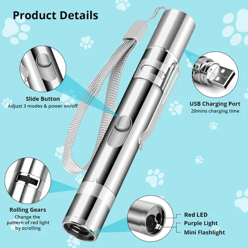 Miniatura 3 de Waputne Puntero de Juguete para Gatos de Interior, 2 Piezas, Juguetes para Gatitos Recargables por USB con 7 Patrones Ajustables, Juguetes