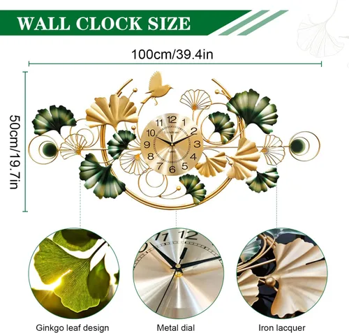 Miniatura 2 de Reloj de pared grande, reloj de pared decorativo de hoja de ginkgo único, decoración de pared de flor de metal dorado de lujo, reloj silencioso