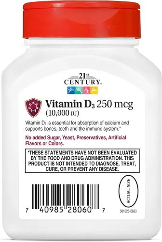 Miniatura 6 de 21st Century Vitamina D3 250 mcg (10,000 UI) Cápsulas blandas de liberación rápida, 110