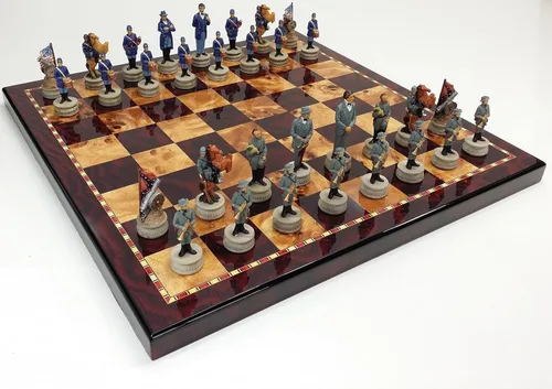 HPL Juego de ajedrez de los generales de la Guerra Civil Americana de Estados Unidos con tablero de color cereza y Burlwood de 18 pulgadas
