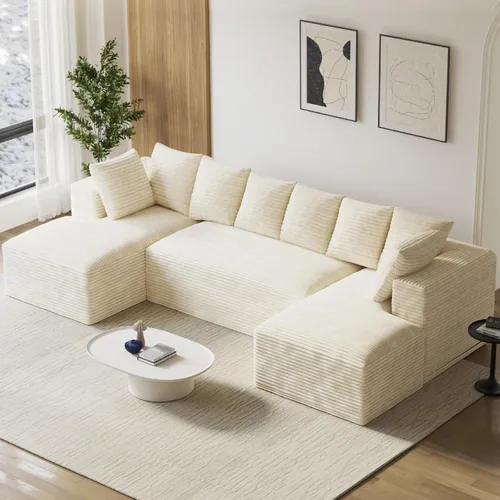 Miniatura 8 de Sofás seccionales en forma de U de gran tamaño de 131 pulgadas para sala de estar, cómodo sofá modular de pana esponjosa beige sin hueso, sofá