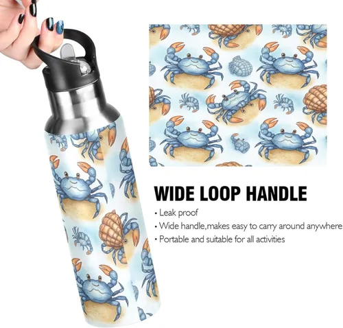 Miniatura 4 de Stainless Steel Vacuum Insulated Water Bottle 20 Oz, Leakproof Water Bottles for Gym Outdoor Travel School, Cute Blue Crabs Cartoon