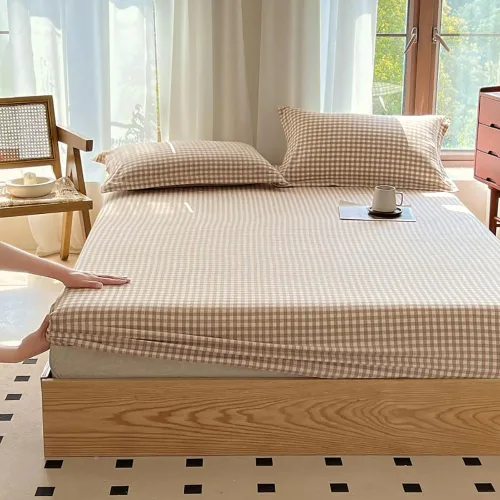 Miniatura 3 de Sábana bajera ajustable de algodón lavado 100% en color topo con diseño Gingham para cama queen, con bolsillo profundo de 15 pulgadas, sábana bajera