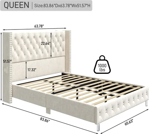Miniatura 2 de Hlivelood - Marco de cama Queen LED tapizado con cabecera de respaldo, marco de cama tapizado con botones de diamante de terciopelo con puertos USB